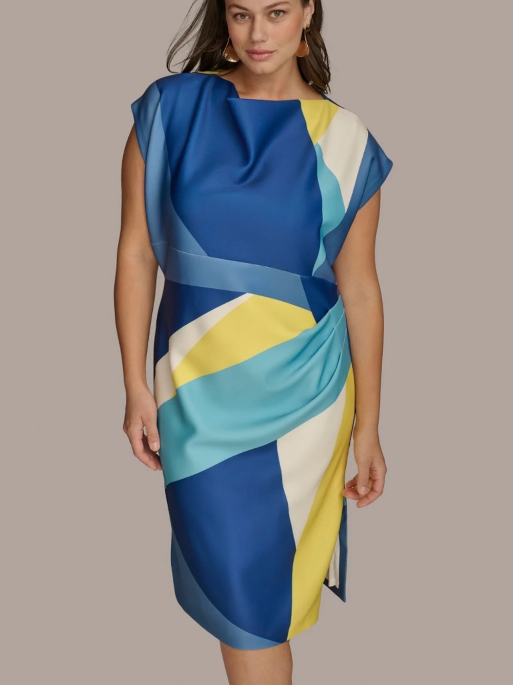 NWT Donna Karan Blue & Yellow Colorblock Scuba Knit Sheath Midi Dress SZ 16W